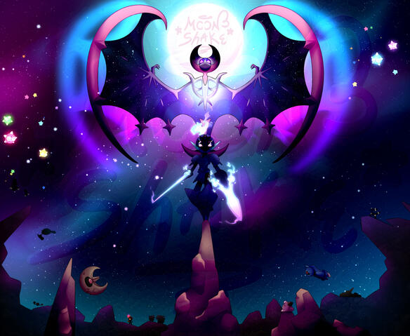 Illustrazione incentrata sui Pokémon Lunala e Ceruledge